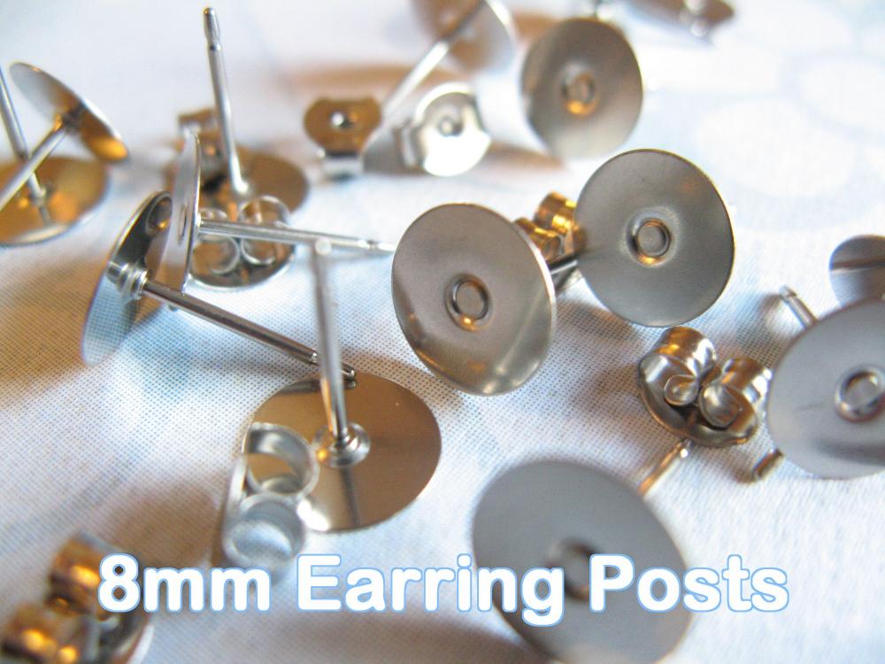 100pcs Surgical Stainless Steel 8mm Flat-Pad Earring Posts and Backs