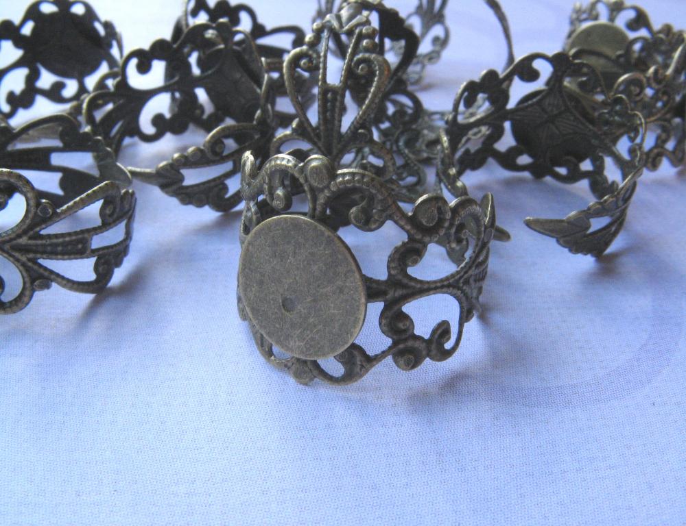 5 Adjustable Antique Ring Blanks - 10mm pad - Antique Bronze