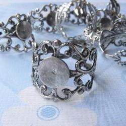 5 Adjustable Antique Ring Blanks - 8mm pad - silver tone
